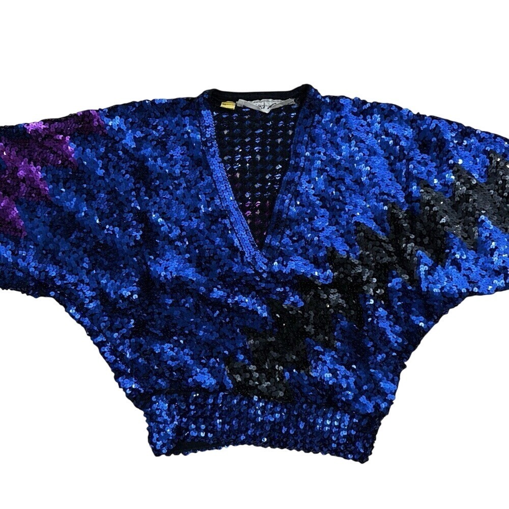 Vintage Lillie Rubin sequin sweater 80's Lightning Bolt Cobalt Blue Party - Picture 6 of 16